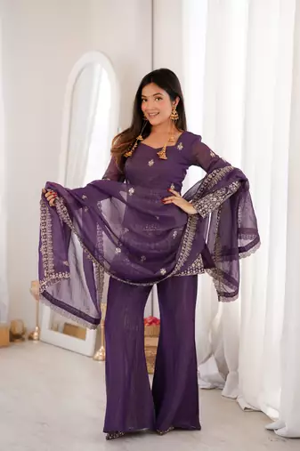 PURPLE  crunchy silk blend embroidered bell bottom suit set