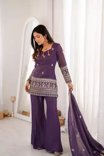PURPLE  crunchy silk blend embroidered bell bottom suit set