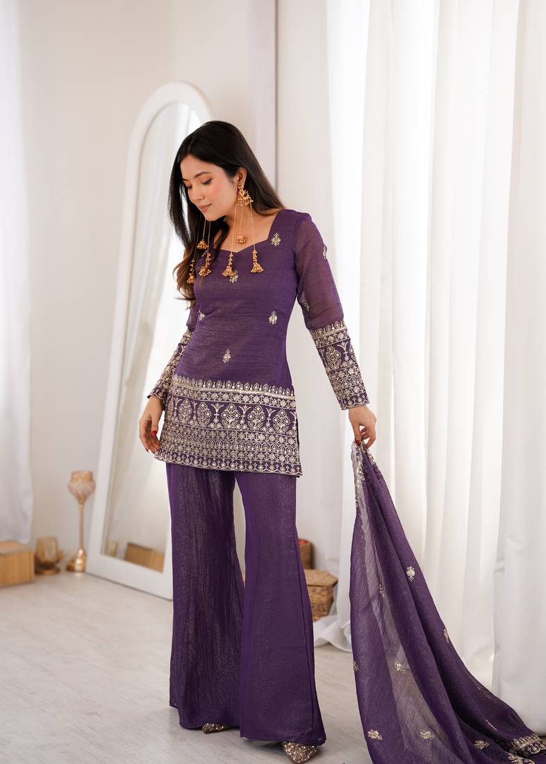 PURPLE  crunchy silk blend embroidered bell bottom suit set