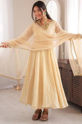 Cream doremon crush mirror work gown set with dupatta