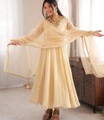 Cream doremon crush mirror work gown set with dupatta