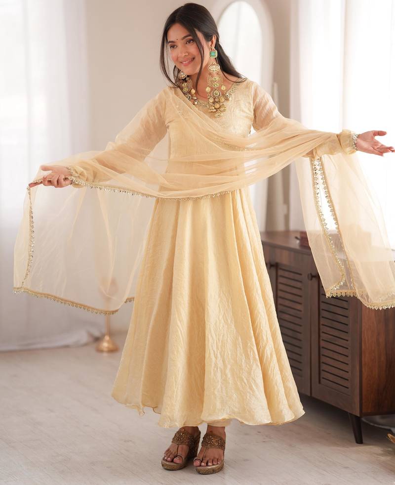 Cream doremon crush mirror work gown set with dupatta
