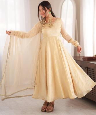 Cream doremon crush mirror work gown set with dupatta 2
