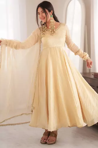 Cream doremon crush mirror work gown set with dupatta
