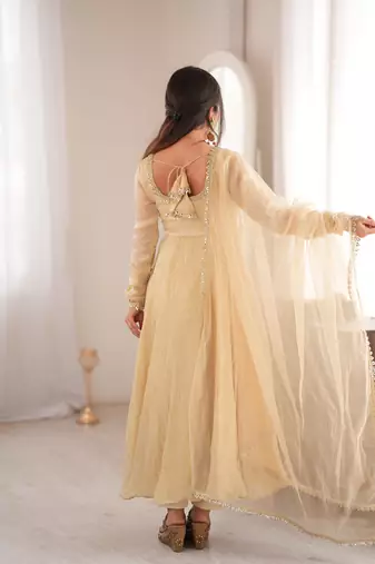 Cream doremon crush mirror work gown set with dupatta