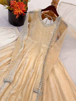 Cream doremon crush mirror work gown set with dupatta 4