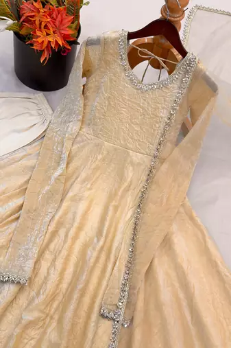 Cream doremon crush mirror work gown set with dupatta