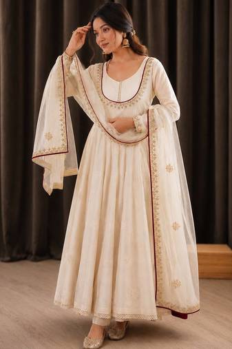 Cream roman cotton embroidered gown set with organza dupatta
