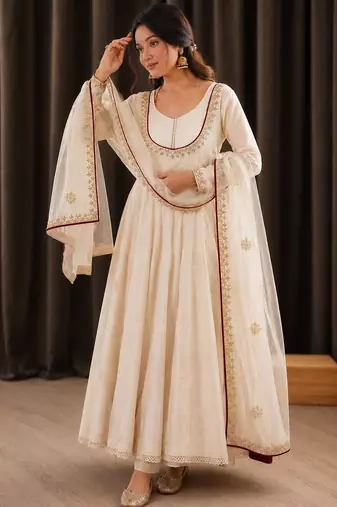 Cream roman cotton embroidered gown set with organza dupatta