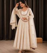 Cream roman cotton embroidered gown set with organza dupatta
