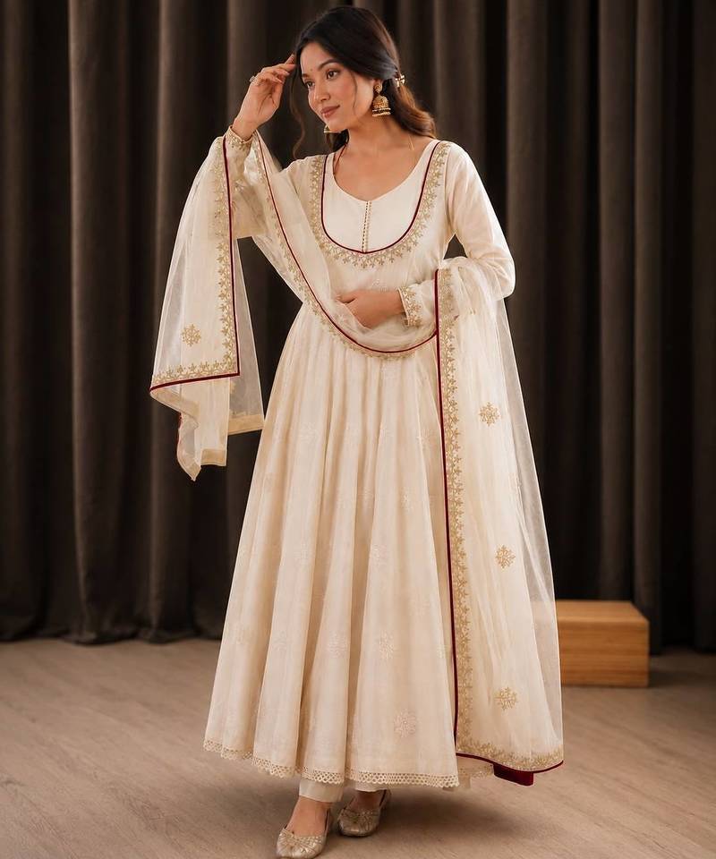 Cream roman cotton embroidered gown set with organza dupatta