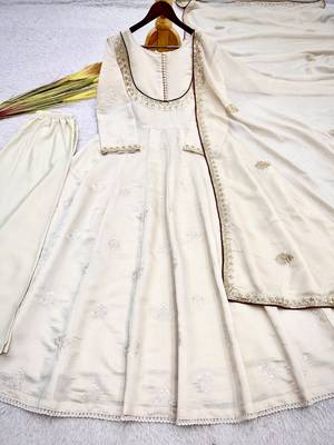 Cream roman cotton embroidered gown set with organza dupatta 2