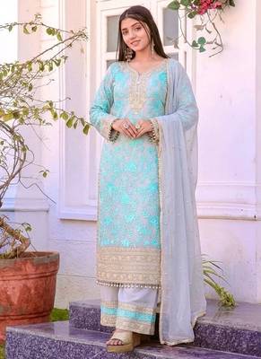 Blue faux georgette embroidered palazzo suit with rivet moti dupatta 1