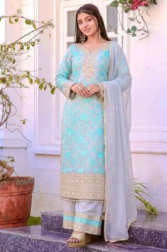 Blue faux georgette embroidered palazzo suit with rivet moti dupatta