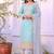 Blue faux georgette embroidered palazzo suit with rivet moti dupatta
