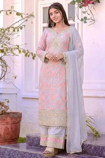 Pink faux georgette embroidered palazzo suit with rivet moti dupatta