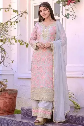 Pink faux georgette embroidered palazzo suit with rivet moti dupatta