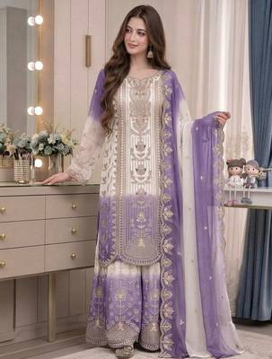 Lavender georgette embroidered kurta palazzo set with dupatta 1