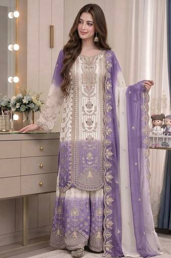 Lavender georgette embroidered kurta palazzo set with dupatta