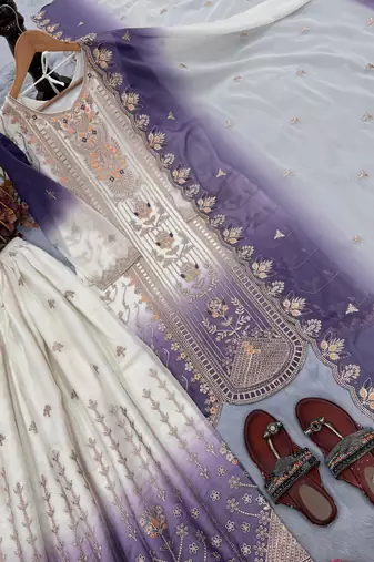 Lavender georgette embroidered kurta palazzo set with dupatta
