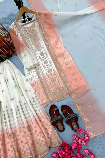 Peach georgette embroidered kurta palazzo set with dupatta