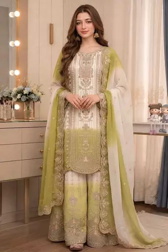 Green georgette embroidered kurta palazzo set with dupatta