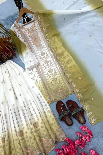 Green georgette embroidered kurta palazzo set with dupatta