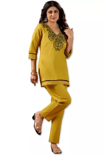 mustard cotton hand work co-ord set with pocket 