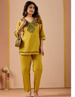 mustard cotton hand work co-ord set with pocket  1