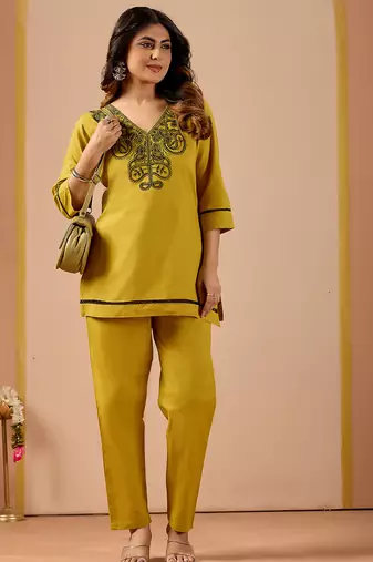 mustard cotton hand work co-ord set with pocket 