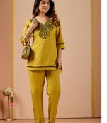 mustard cotton hand work co-ord set with pocket 