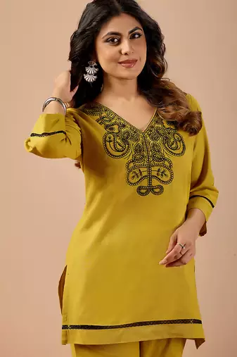mustard cotton hand work co-ord set with pocket 
