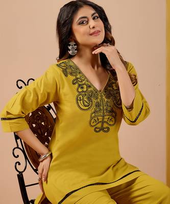 mustard cotton hand work co-ord set with pocket  4