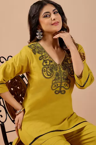 mustard cotton hand work co-ord set with pocket 