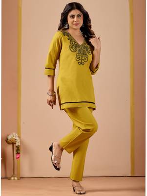 mustard cotton hand work co-ord set with pocket  5