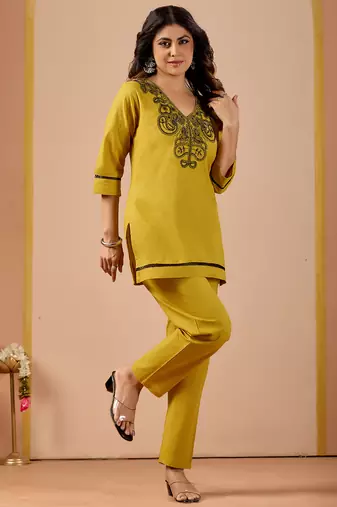 mustard cotton hand work co-ord set with pocket 