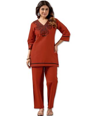 Orange cotton hand work co-ord set with pocket  1