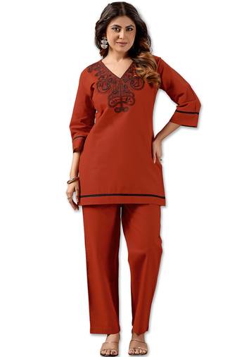 Orange cotton hand work co-ord set with pocket 