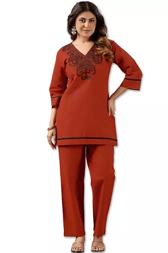 Orange cotton hand work co-ord set with pocket 