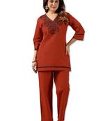 Orange cotton hand work co-ord set with pocket 