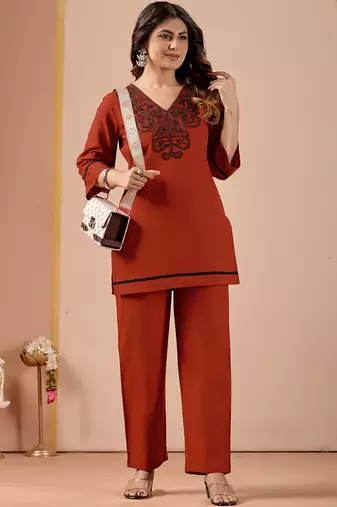 Orange cotton hand work co-ord set with pocket 