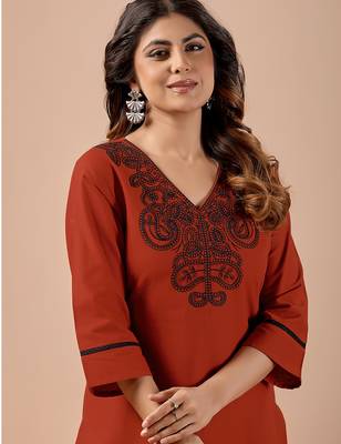 Orange cotton hand work co-ord set with pocket  3