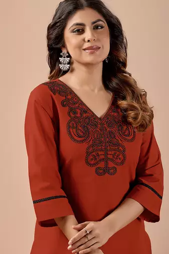 Orange cotton hand work co-ord set with pocket 