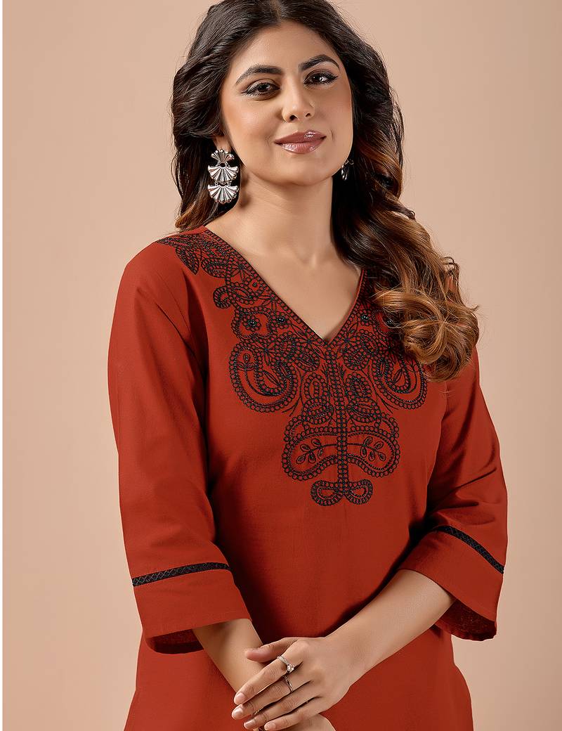 Orange cotton hand work co-ord set with pocket 