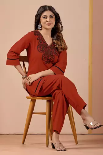 Orange cotton hand work co-ord set with pocket 