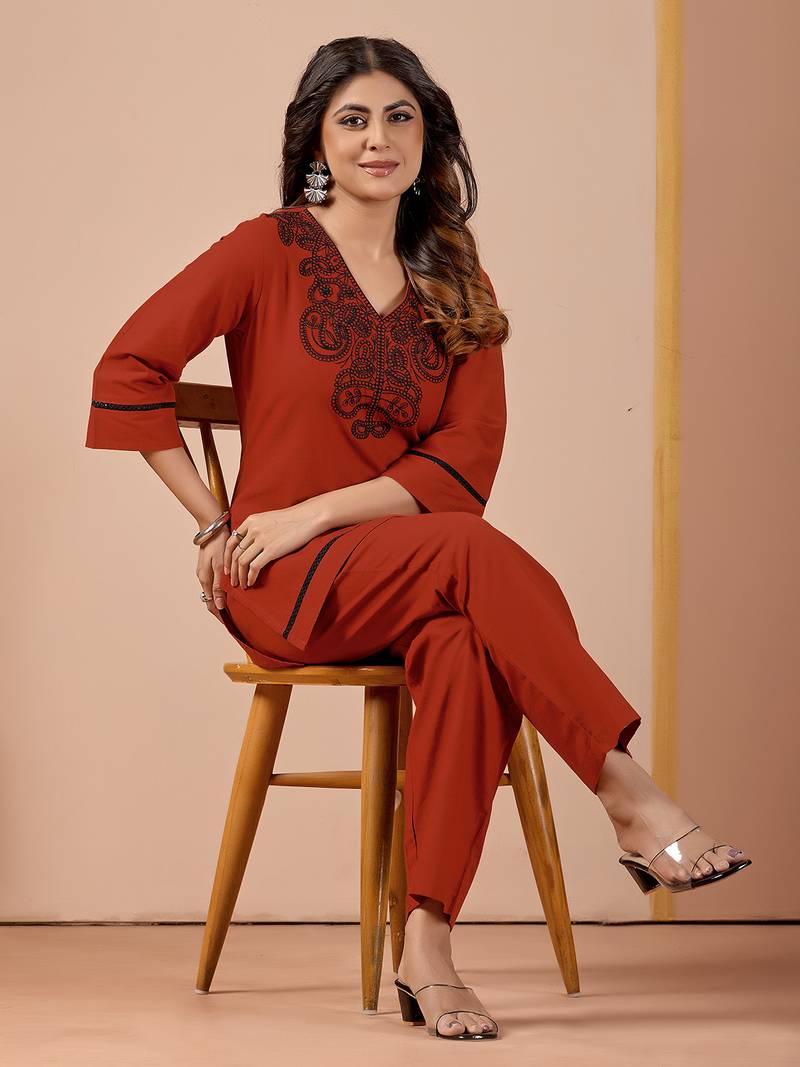 Orange cotton hand work co-ord set with pocket 