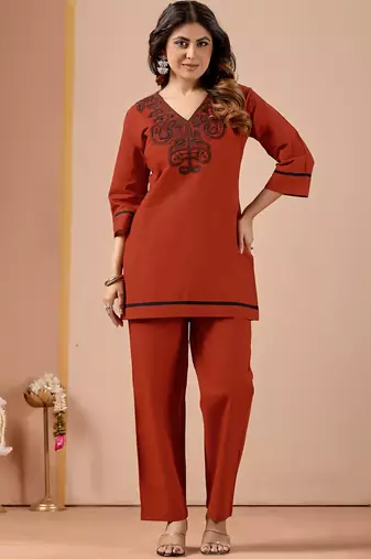 Orange cotton hand work co-ord set with pocket 
