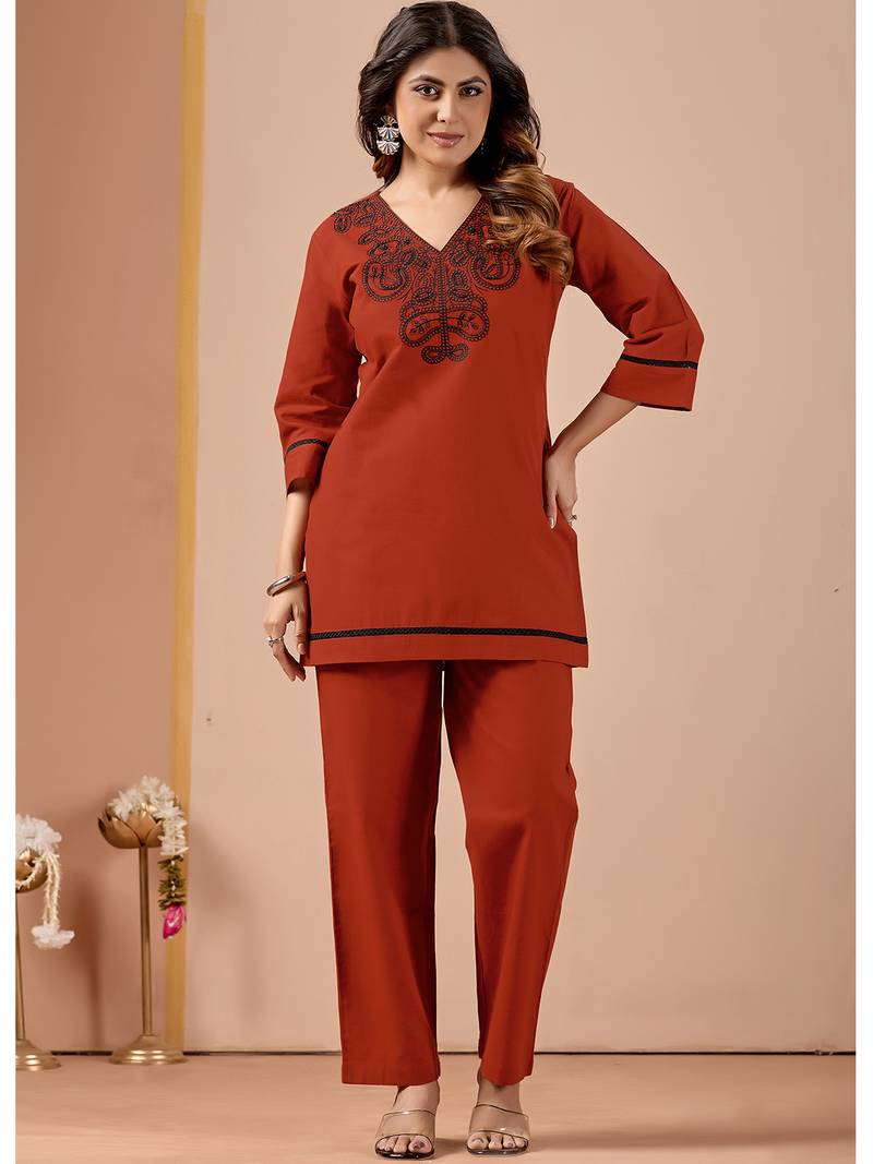 Orange cotton hand work co-ord set with pocket 