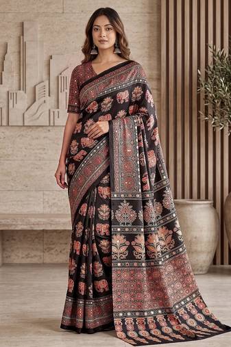 Ajrak digital print mirror work saree with unstitched blouse