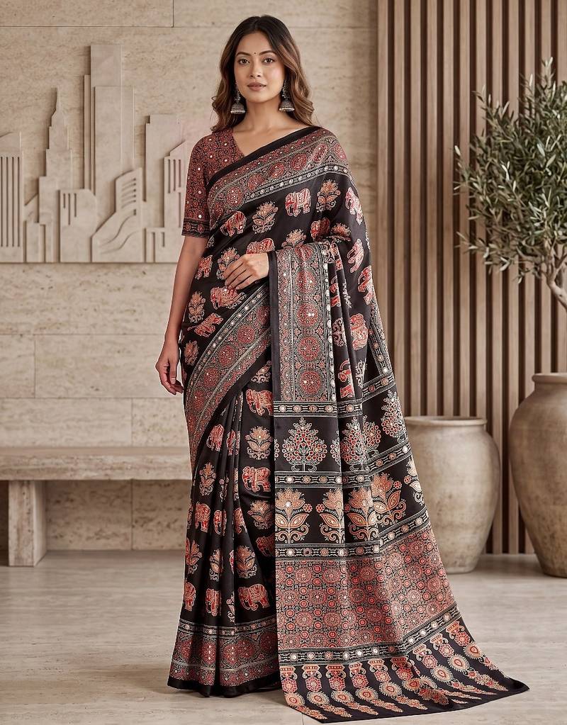 Ajrak digital print mirror work saree with unstitched blouse